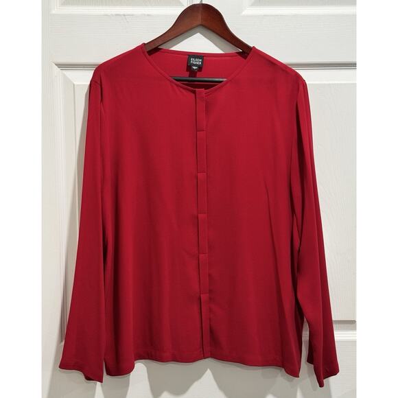 Eileen Fisher 100% Silk Georgette Crepe Red Long Sleeve Top Size Large NEW - Picture 1 of 7